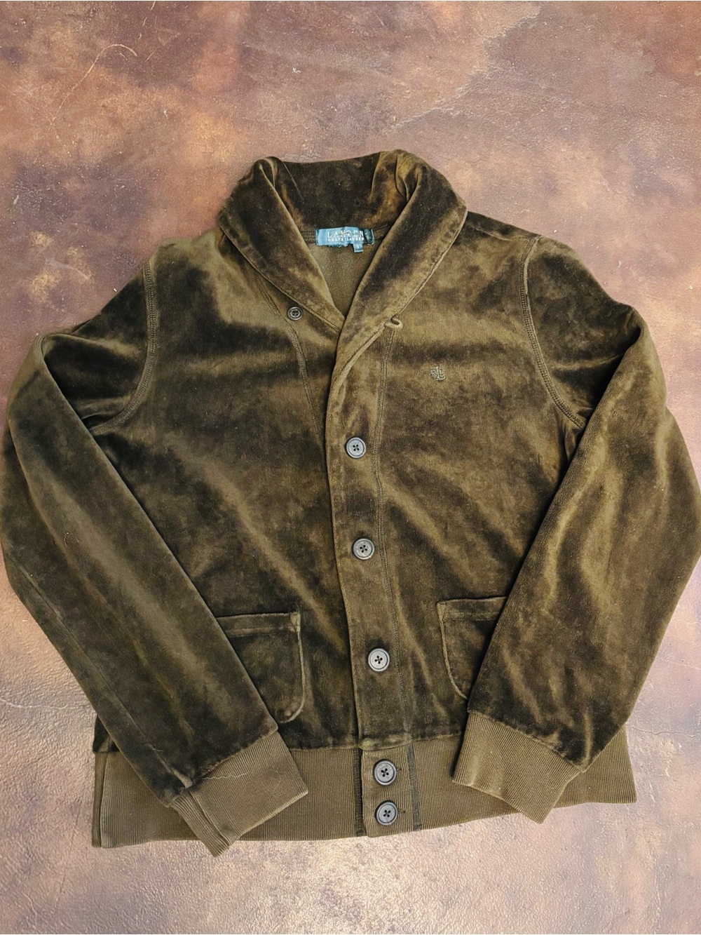 Lauren Ralph Lauren Olive Green Velvet Velour Button Up Jacket Size S